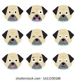 Cartoon pug faces set. Adorable puppies. Cute flat vector illustration.