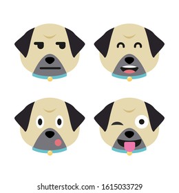 Cartoon pug faces set. Adorable puppies. Cute flat vector illustration.