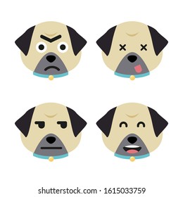 Cartoon pug faces set. Adorable puppies. Cute flat vector illustration.