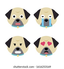Cartoon pug faces set. Adorable puppies. Cute flat vector illustration.