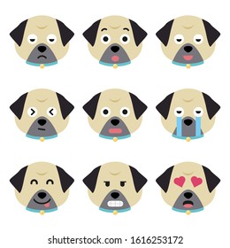 Cartoon pug faces set. Adorable puppies. Cute flat vector illustration.