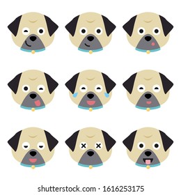 Cartoon pug faces set. Adorable puppies. Cute flat vector illustration.