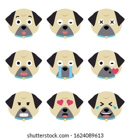 Cartoon pug faces set. Adorable puppies. Cute flat vector illustration.