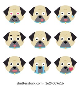 Cartoon pug faces set. Adorable puppies. Cute flat vector illustration.