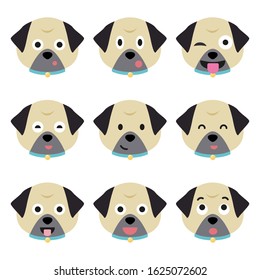 Cartoon pug faces set. Adorable puppies. Cute flat vector illustration.