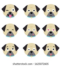 Cartoon pug faces set. Adorable puppies. Cute flat vector illustration.