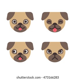 Cartoon pug faces set. Adorable little dog with different emotions. Cute flat vector illustration.