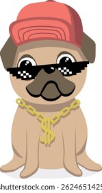 Cartoon Pug with Gold Chain and Sunglasses. Kawaii pug vector illustration
