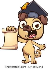 Cartoon pug with a graduating cap, holding a blank paper. Vector cartoon clip art illustration with simple gradients. All on a single layer.
