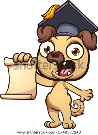 Cartoon pug with a graduating cap, holding a blank paper. Vector cartoon clip art illustration with simple gradients. All on a single layer.
