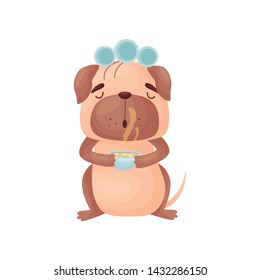 Cartoon pug holding a cup of hot tea. Vector illustration on white background.
