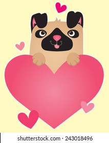 A cartoon Pug holding a heart. Vector illustration. 