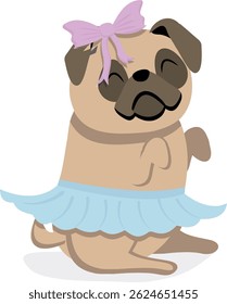 Cartoon Pug Puppy Dancing with Bow and Tutu. Kawaii pug vector illustration