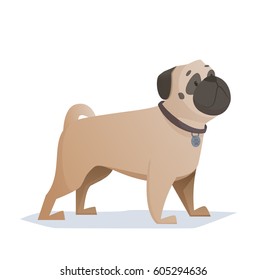 Cartoon pug is a simple illustration. Dog character is flat style.