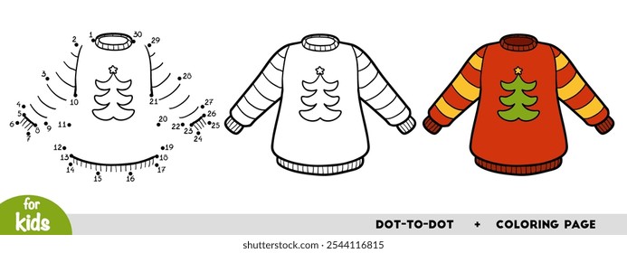 Cartoon Pullover with Christmas tree, education dot to dot game for children. Winter activity worksheet