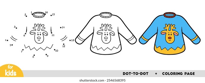 Cartoon pullover with deer, education dot to dot game for children. Winter activity worksheet