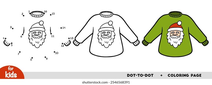 Cartoon pullover with Santa Claus, education dot to dot game for children. Winter activity worksheet