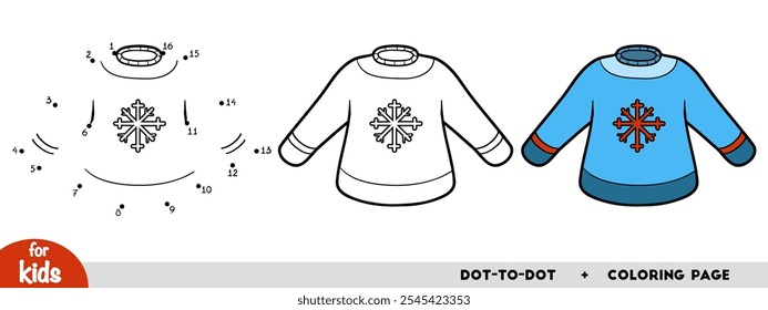 Cartoon pullover with snowflake, education dot to dot game for children. Winter activity worksheet