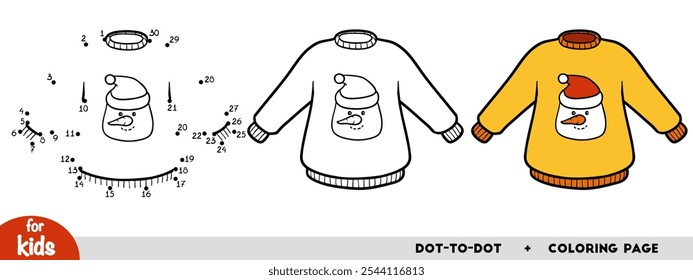 Cartoon Pullover with snowman, education dot to dot game for children. Winter activity worksheet