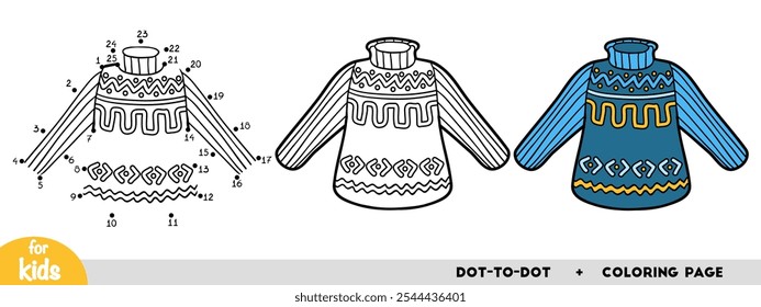 Cartoon Pullover with winter pattern, education dot to dot game for children. Winter activity worksheet