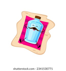 Cartoon pulque character summer vacation. Funny vector bottle personage relax on beach mat, tanning and relax on the ocean coastline or hotel pool. Alcohol drink glass flask on summertime holidays
