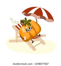 Cartoon pumpkin in a beach chair. Vector kawaii baby illustration.