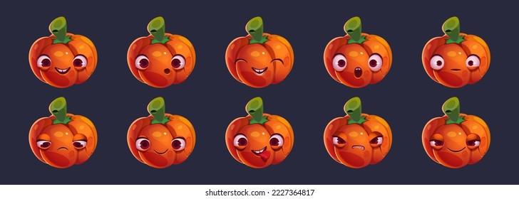 Cartoon pumpkin character with different emotions on face. Set of funny vegetables with big eyes and mouth happy, sad, angry, scared, surprised, showing tongue. Halloween emoji vector illustration