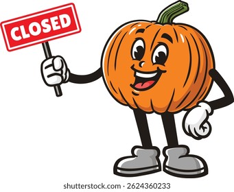 Cartoon pumpkin character holding a closed sign