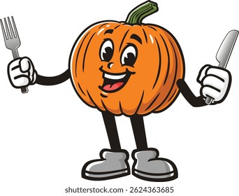 Cartoon pumpkin character holding fork and knife