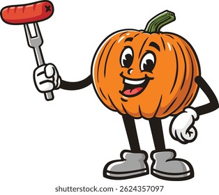 Cartoon pumpkin character holding sausage