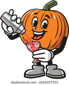Cartoon pumpkin character making cocktail
