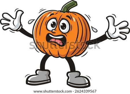 Cartoon pumpkin character is scared and panicking