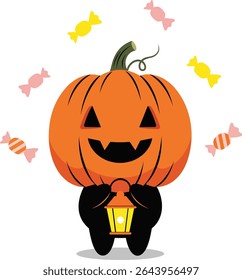Cartoon Pumpkin Character in Witch Costume with Halloween Candies
