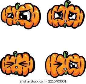 Cartoon Pumpkin Characters with Faces Orange with Eyes and Face Collection in Vector