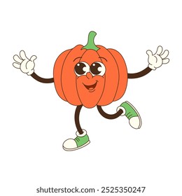 A cartoon pumpkin is dancing and smiling. The pumpkin is orange and has a green stem. The pumpkin is wearing green shoes and is wearing a white shirt