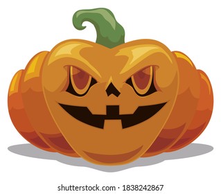 Cartoon pumpkin with evil and wicked gesture and shiny rind, isolated over white background.
