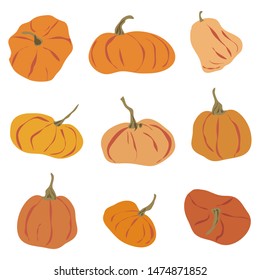 Cartoon pumpkin flat icons set. Thanksgiving and Halloween collection. Farm harvest, closeup vegetable. Different shapes and sizes orange gourd. Colorful simple vector illustration isolated on white