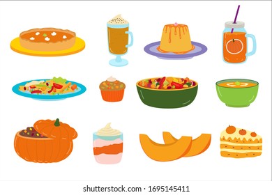 Cartoon pumpkin food, dessert, vector illustration. Set of flat stickers isolated on white. Vegetarian delicious pumpkin meal, soup and salad, kraft cupcakes and pie, healthy drinks. Vegan lunch.