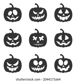 Cartoon pumpkin for halloween. pumpkin carved scary smiling cute glowing faces. Pumpkin vegetable decoration or holiday creepy happy face, october nature vector isolated icon set