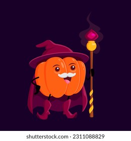 Cartoon pumpkin Halloween vegetable wizard, witch and mage character. Funny vector veggies magician with magic staff. Wiz or sorcerer with mustaches, conjuror gourd or squash personage casting spell