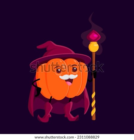 Cartoon pumpkin Halloween vegetable wizard, witch and mage character. Funny vector veggies magician with magic staff. Wiz or sorcerer with mustaches, conjuror gourd or squash personage casting spell