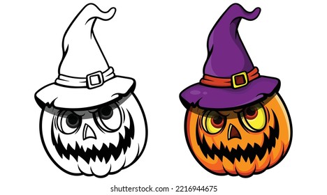 Cartoon pumpkin Halloween with witch hat, A Halloween pumpkin wearing a Wizards hat, Wizard hat with pumpkin, Vector illustration isolated on white background,