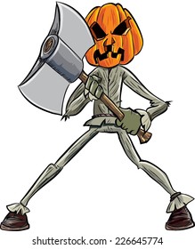 Cartoon pumpkin head with an axe. Isolated