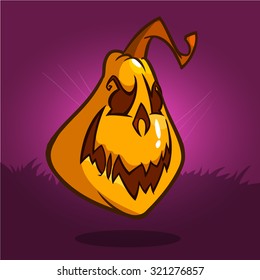 Cartoon pumpkin head with an evil expression on his face. Vector Halloween illustration isolated on dark background