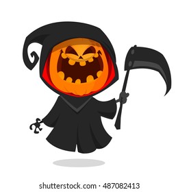 Cartoon pumpkin head monster icon. Vector pumpkin reaper with scythe isolated on white
