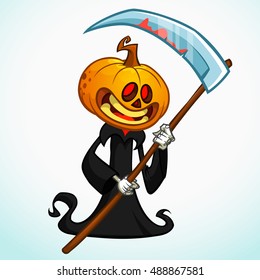 Cartoon pumpkin head monster with red eyes. Vector pumpkin reaper in black hood with scythe isolated on white