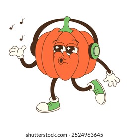 A cartoon pumpkin with headphones on and a mouth open. The pumpkin is dancing and singing. Scene is fun and lighthearted