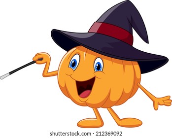 Cartoon pumpkin holding magic wand