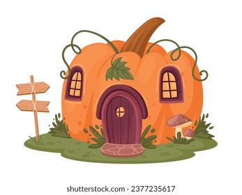 Casa de calabaza de caricaturas. Cabaña de cuento de hadas linda, fantasía de Halloween pequeña casa de ilustración vectorial plana. Calabaza del bosque otoñal