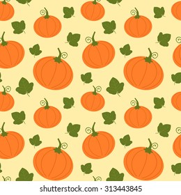 cartoon pumpkin with leaves seamless vector pattern background illustration